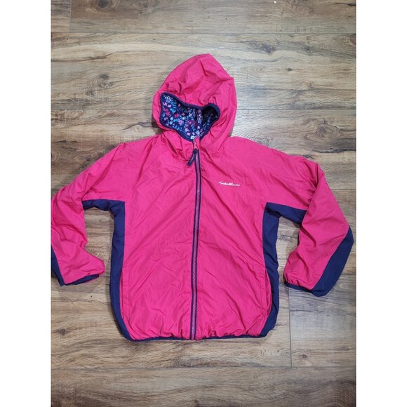 Eddie Bauer Reversible Hooded Spring Jacket Pink/Blue Floral Fleece Girls 10 12 - Picture 3 of 10